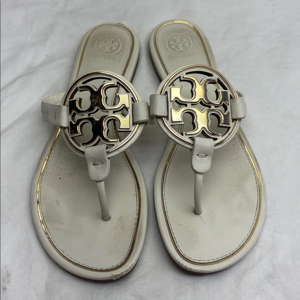 Tory Burch White Leather Logo Thong Sandals with Gold Medallions women’s size 8M - Picture 5 of 11